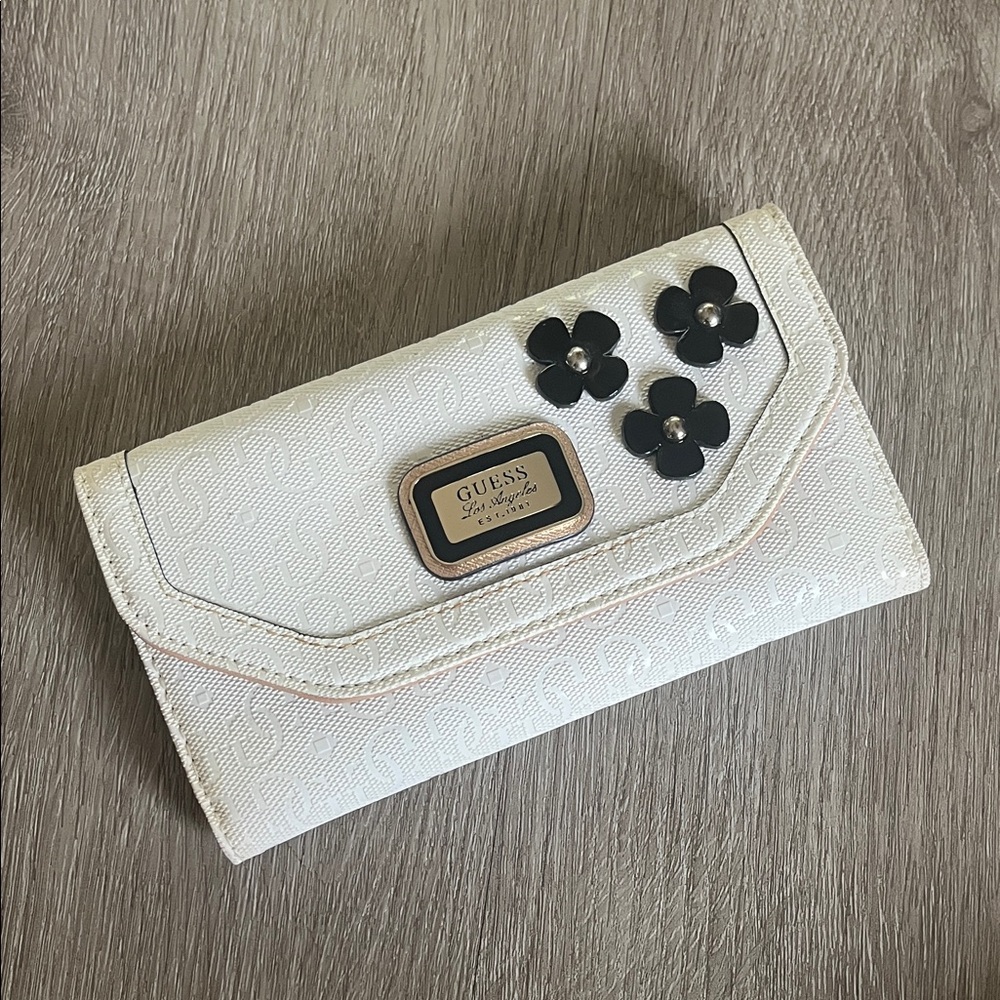 GUESS Cream Wallet with Black Floral Design